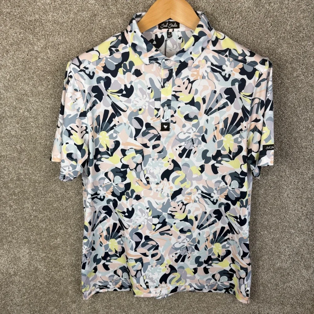 Bad Birdie Men's Core Polo Savannah Swing Large Abstract Floral Short Sleeve NEW - Picture 5 of 8